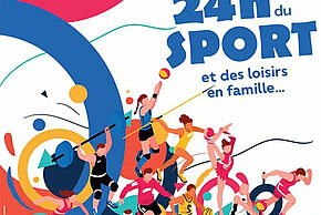 Affiche dessinée des 24 heures du sport et des loisirs en famille représentant représentant des personnes daisant du tennis, danse, course,saut...