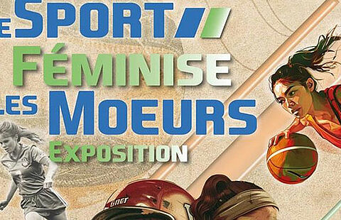 Affiche représentant des femmes au foot, au volley, avec un casque de baseball..