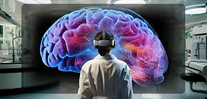 Affiche représentant une image de cerveau et une personne avec un casque VR